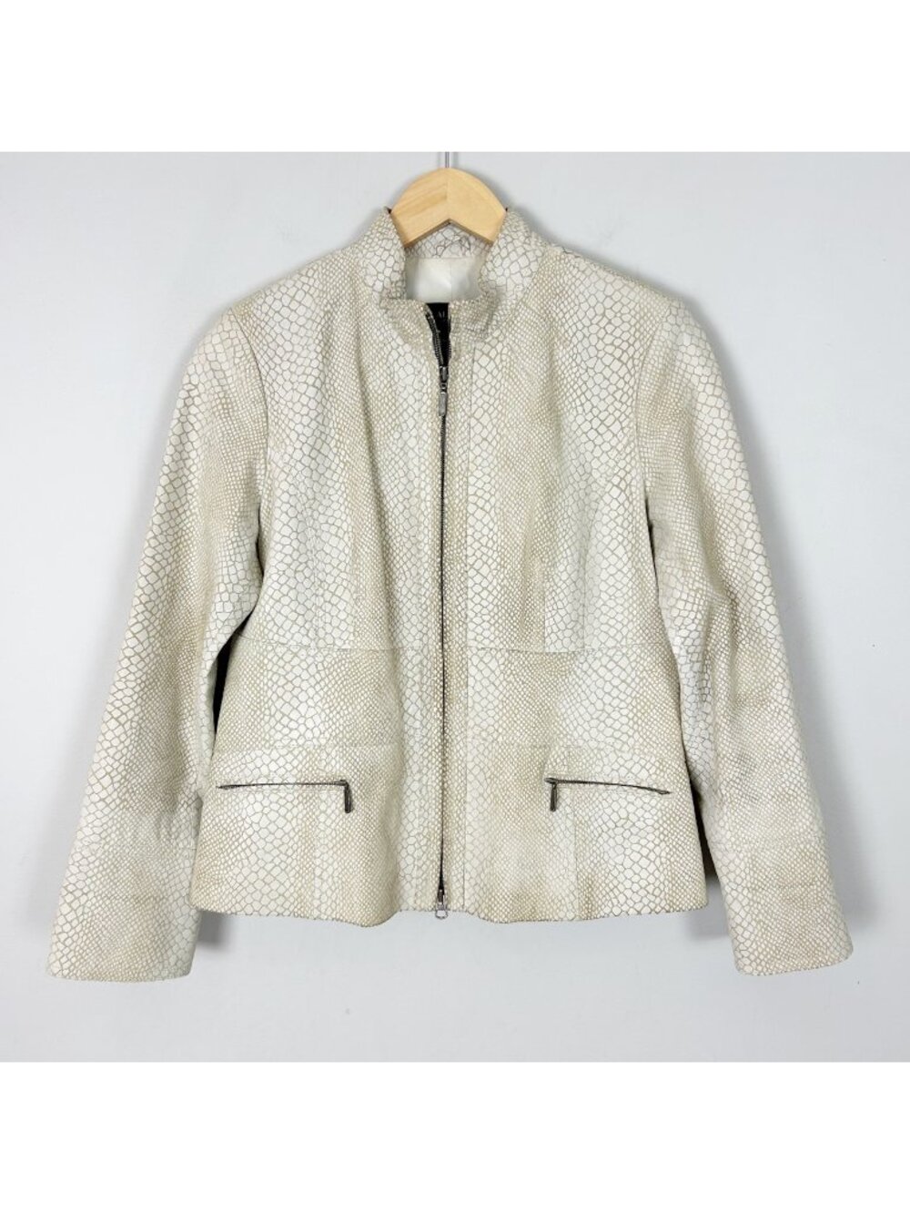 Vintage Alfani Snakeskin Leather Jacket Beige Short Size Small Women's